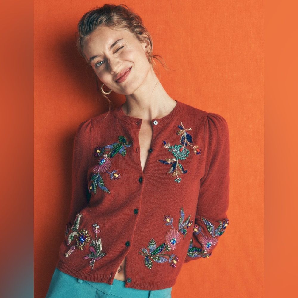 NWT Boden Ria Embellished Knit Cardigan in Gingerbread